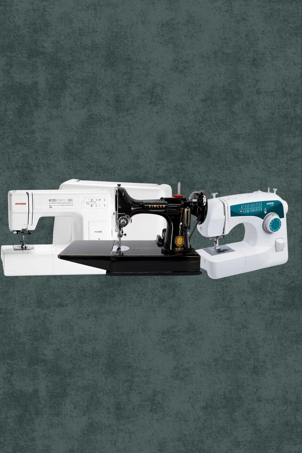 Popular mechanical sewing machines (A Singer 221 Featherweight, a Brother XL2600i,
and a Janome HD3000)